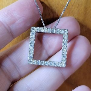 Icy Rhinestone Square Pendant with Fine Silver Tone Ball Chain Necklace
